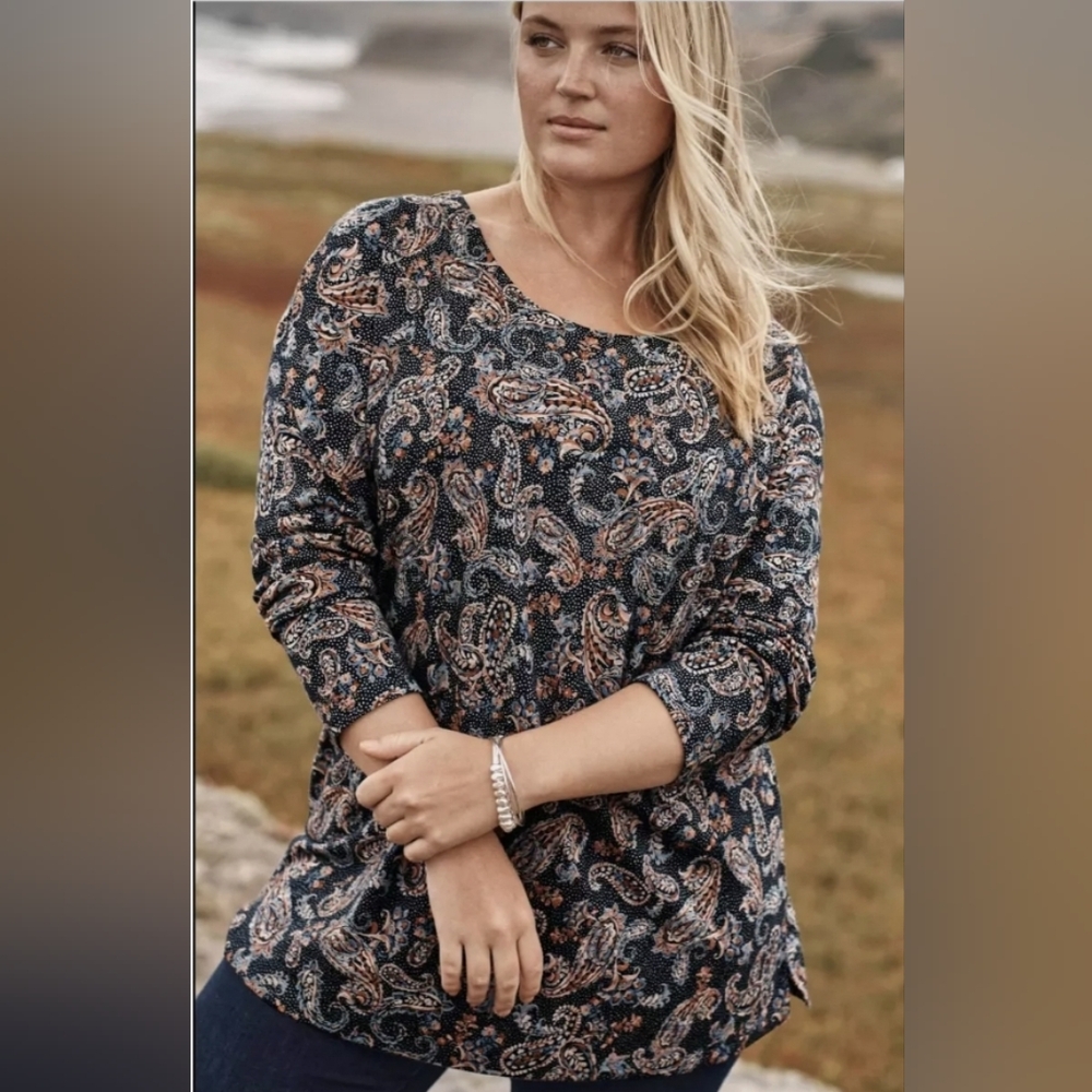 J. Jill Simply Supima Scoop-neck Longsleeve Paisley Tunic Top